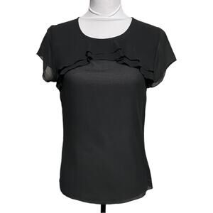 LOFT Sheer Chiffon Ruffle Yoke Short Sleeve Blouse Women’s Petite Small Black